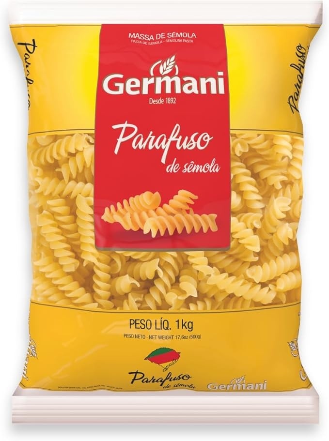 Macarrão Parafuso Sem Ovos Germani 1Kg, Germani Alimentos, Massa Parafuso De Sêmola Sem Ovos Pasta Fusilli Senza Uova, Amarelo, Melhor Sabor Em Cada Garfada, Receita Caseira Desde 1892