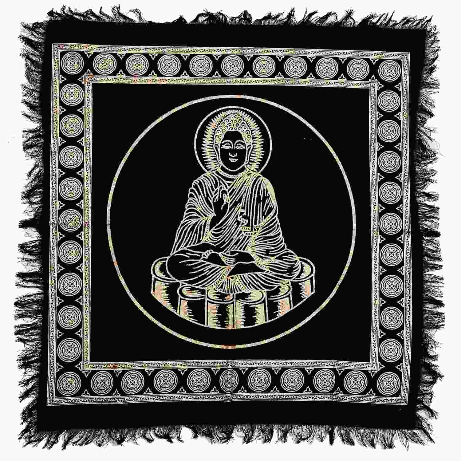 Toalha de Parede Wiccan Buda Dourado - 45,72 cm em Algodão com Franjas e Arte Manual