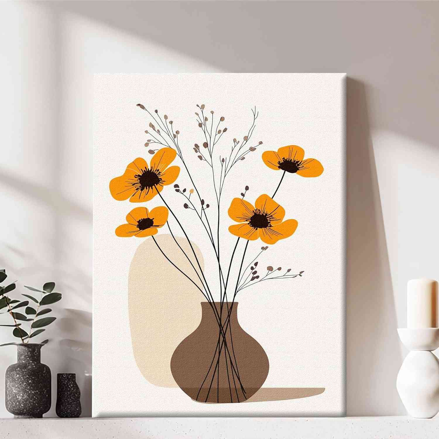 Arte de Parede em Tela Moderna com Moldura - Flor Minimalista 29x28cm | Decoração Elegante para Casa e Escritório