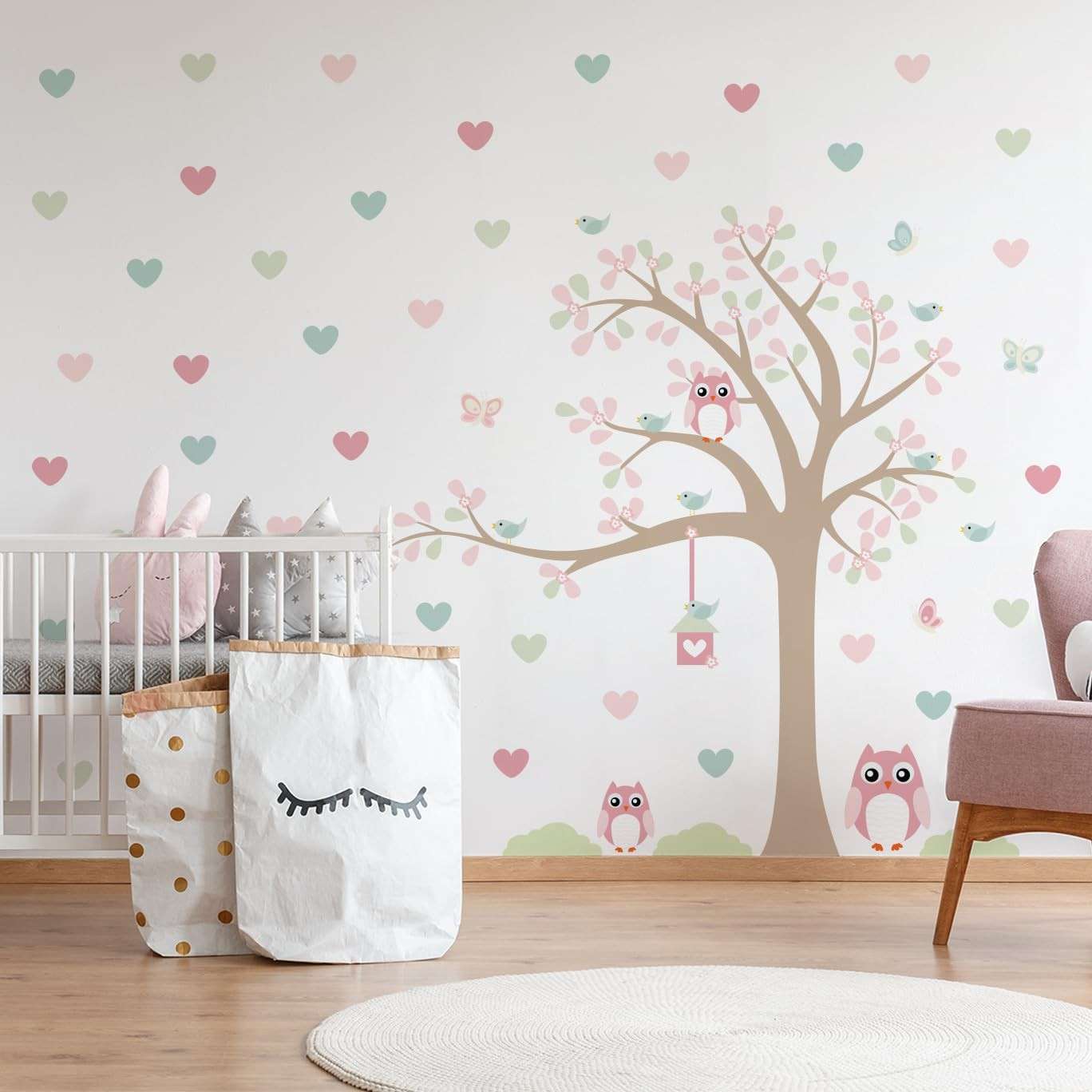 Adesivo de Parede Infantil para Quarto de Menina - Árvore, Coruja e Corações em Vinil Decorativo