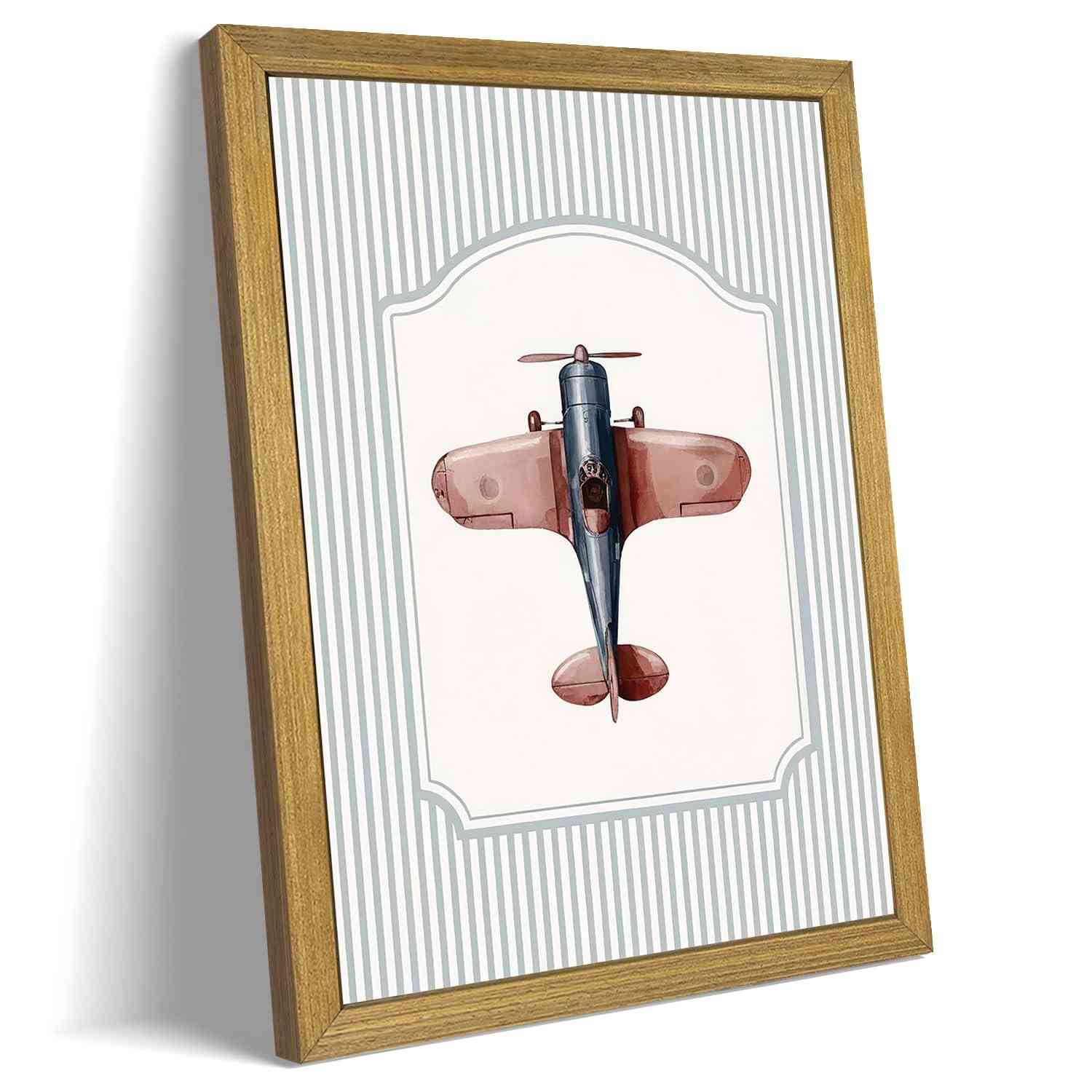 Arte de Parede de Avião Vintage em Moldura de Madeira - Pôster Azul Retrô para Decoração de Quarto Infantil