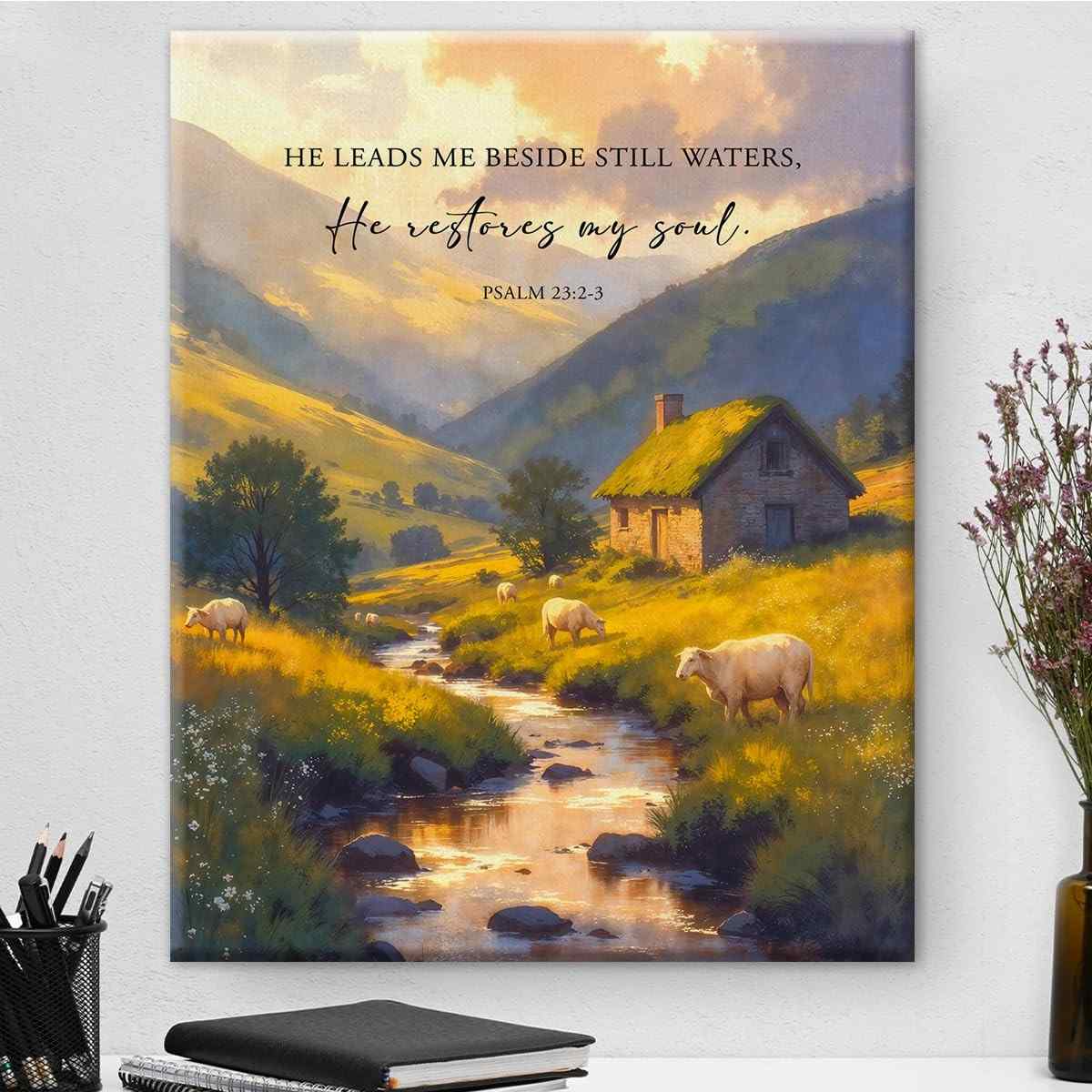 Arte de Parede com Versículo Bíblico Salmo 23:2-3 - Decoração Religiosa Moderna em Tela emoldurada