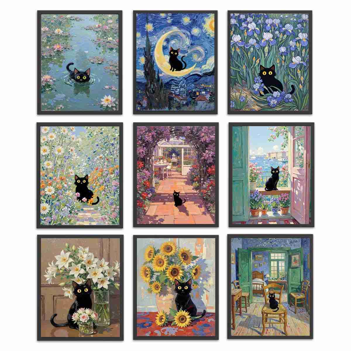 Conjunto de 9 Pôsteres de Gato Preto - Arte de Parede Estética para Decoração Moderna