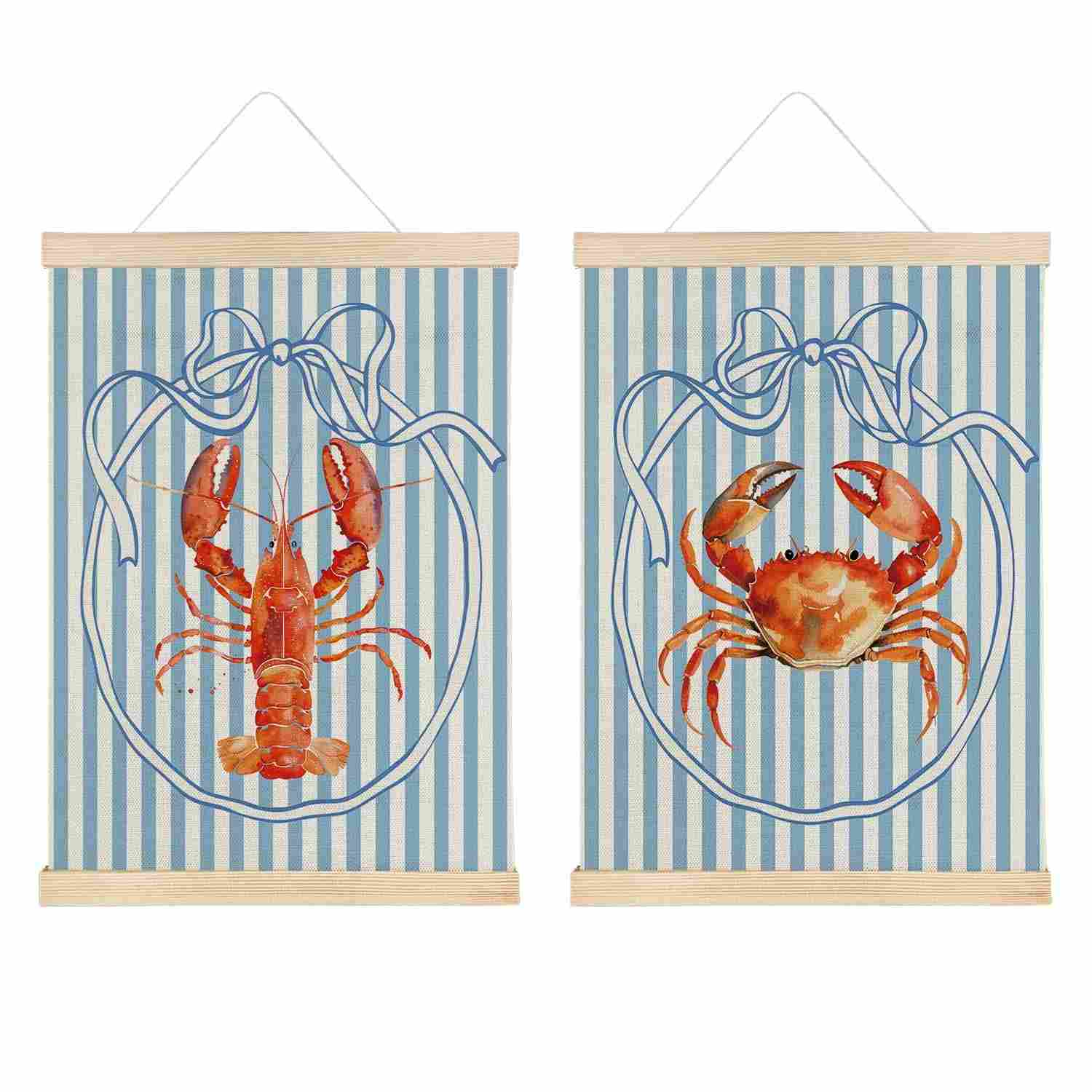 Pôster Decorativo de Caranguejo Lagosta com Laço Azul - Estilo Costeiro para Decoração de Parede