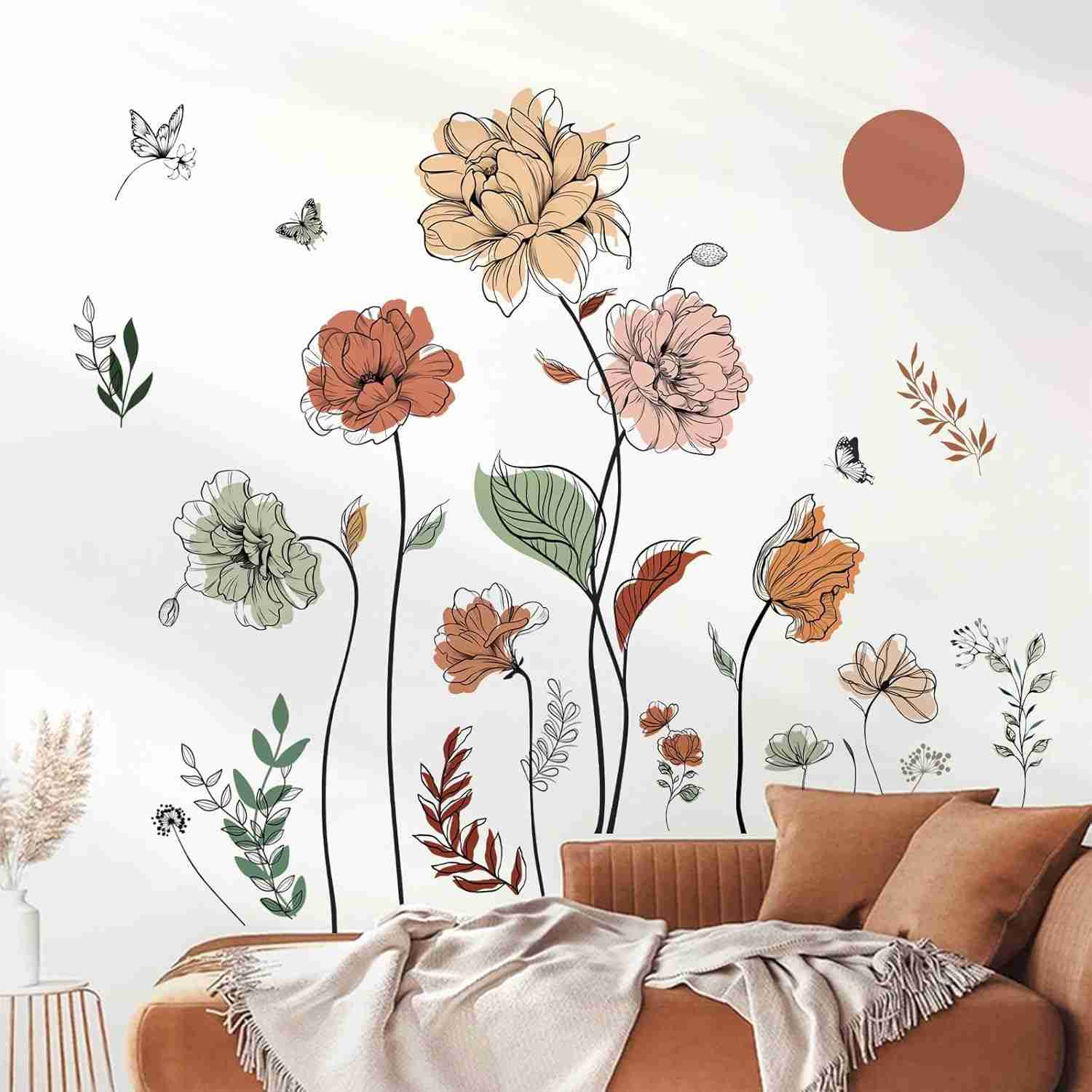 Decalques de Parede Boho Flores e Plantas - Adesivos Decorativos Removíveis para Sala, Quarto e Berçário