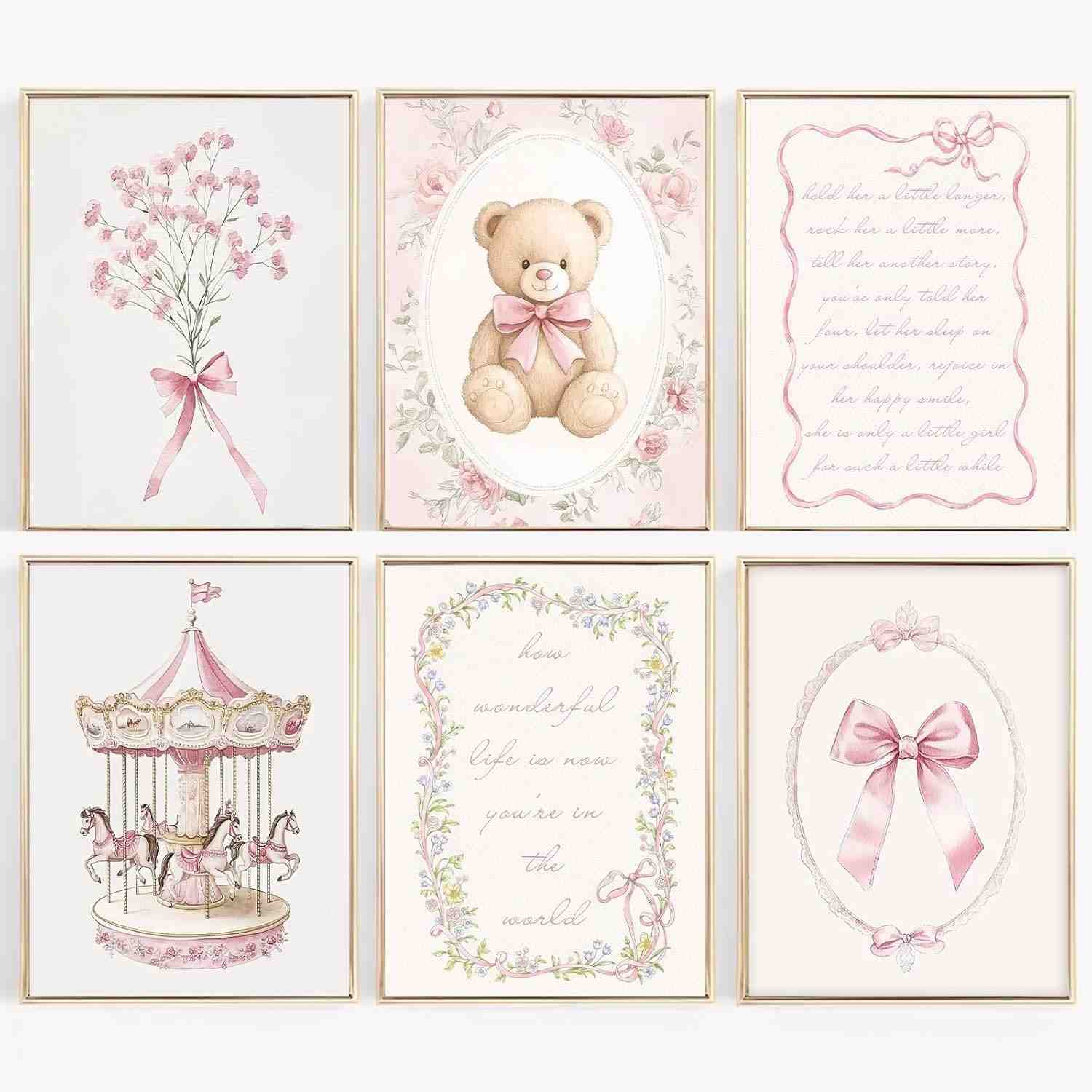 Arte de Parede Rosa para Berçário - Conjunto Vintage com Ursinho e Flores | Decoração Infantil Feminina em Tela