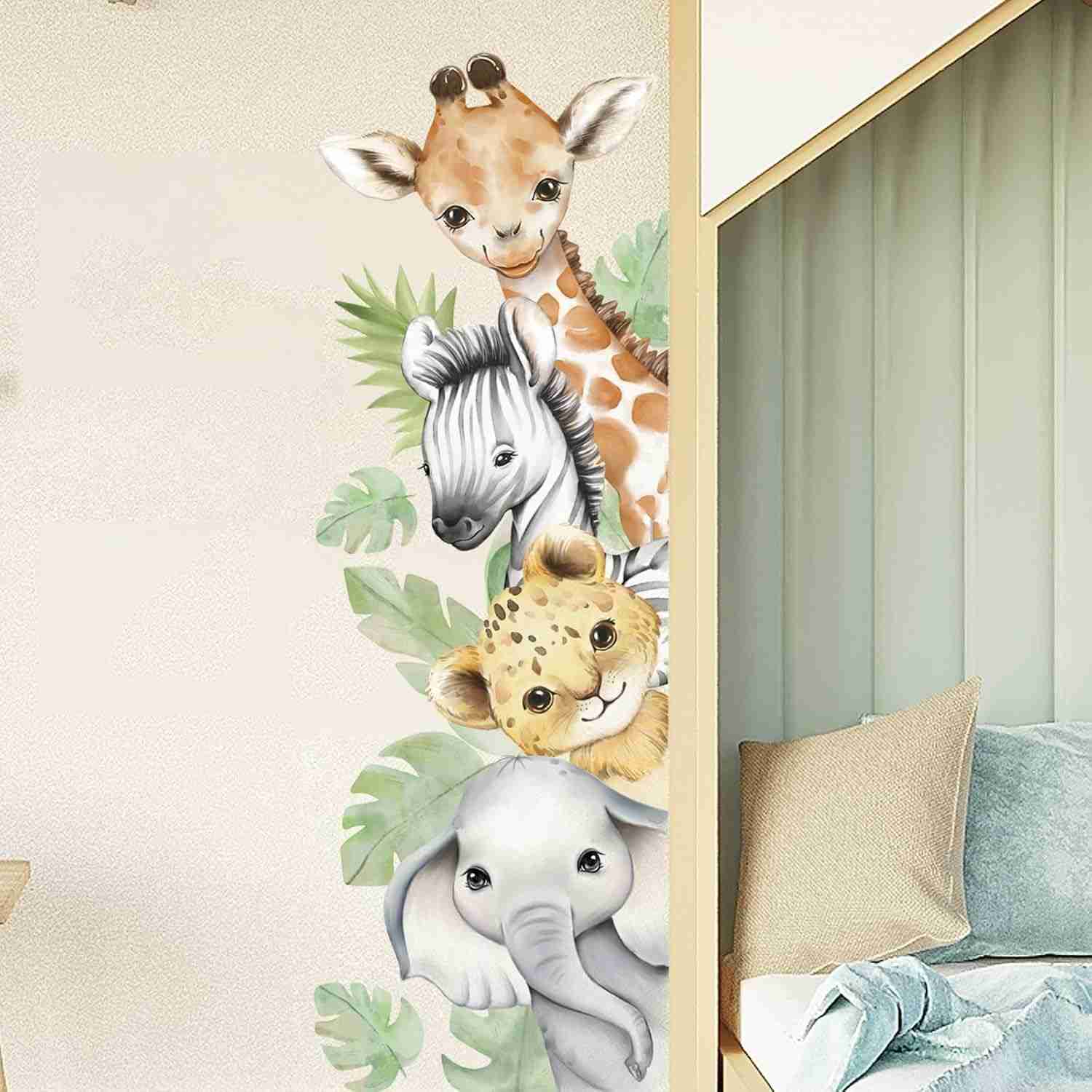 Decalques de Parede Animais da Selva em Aquarela | Tigre, Elefante, Girafa | Removíveis | Ideal para Berçário, Quarto Infantil e Sala de Jogos