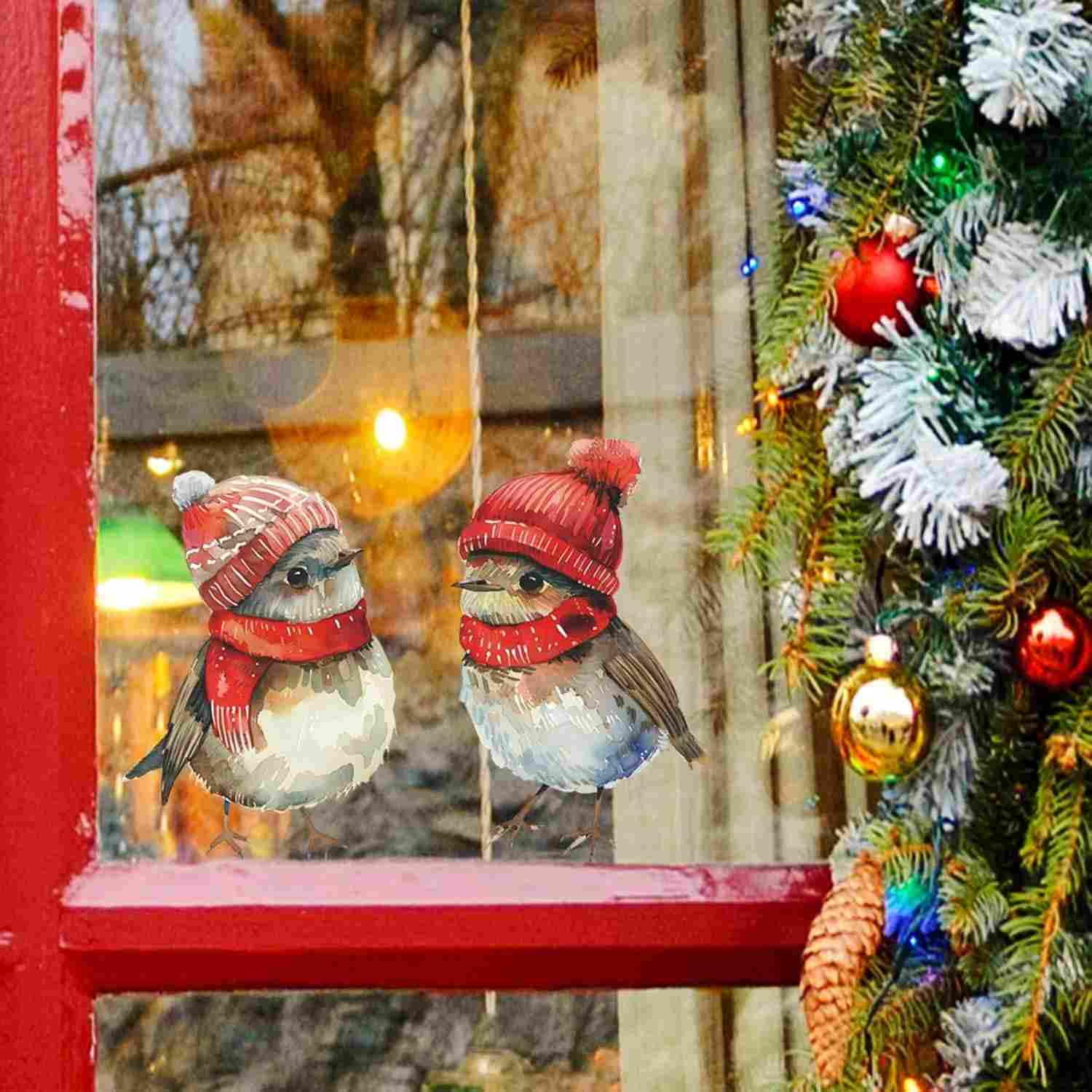Adesivos de Pássaro de Natal com Chapéu e Cachecol - Decoração Felpuda para Janelas