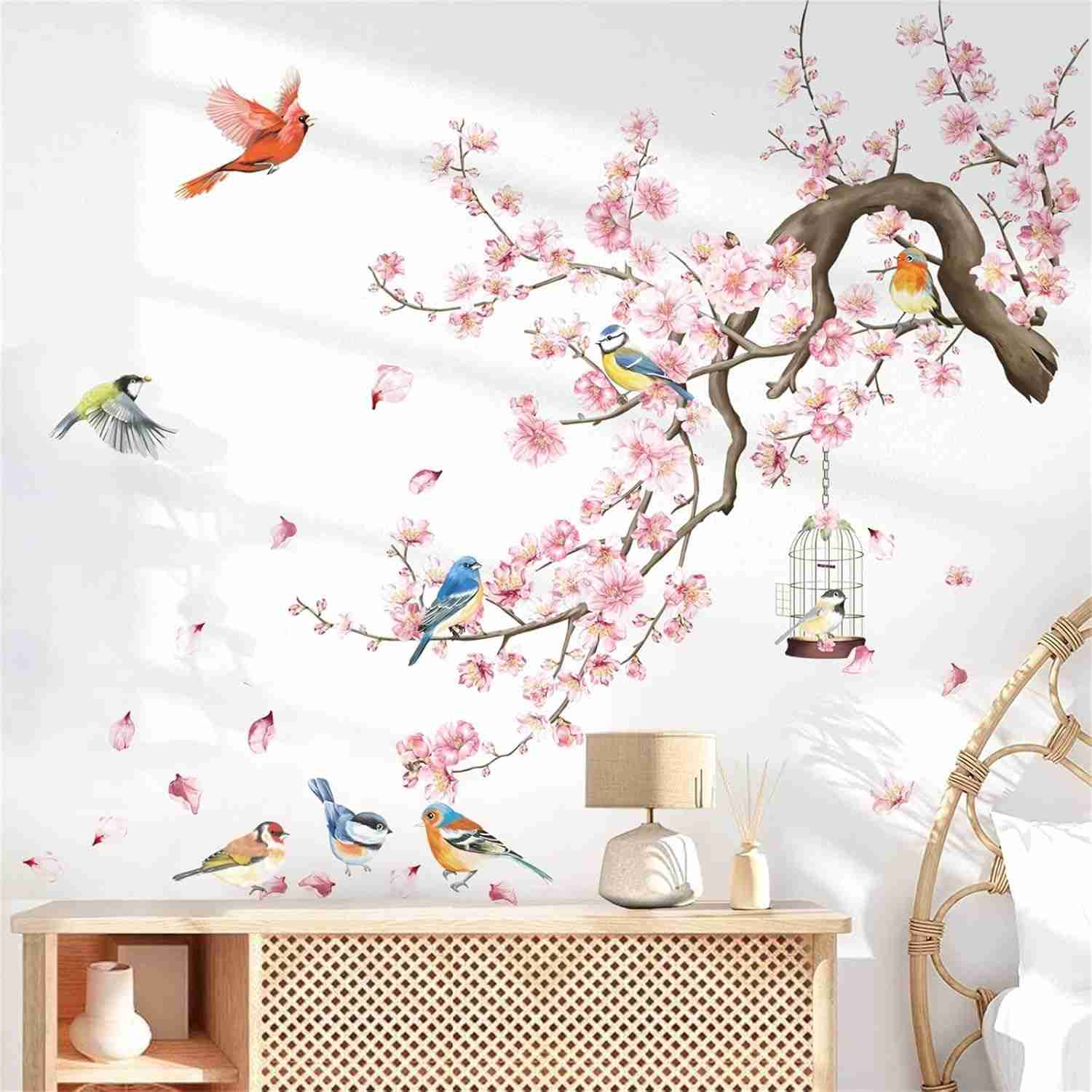 Adesivos de Parede Flores de Cerejeira Rosa - Decalque Floral com Pássaros para Sala de Estar e Quarto