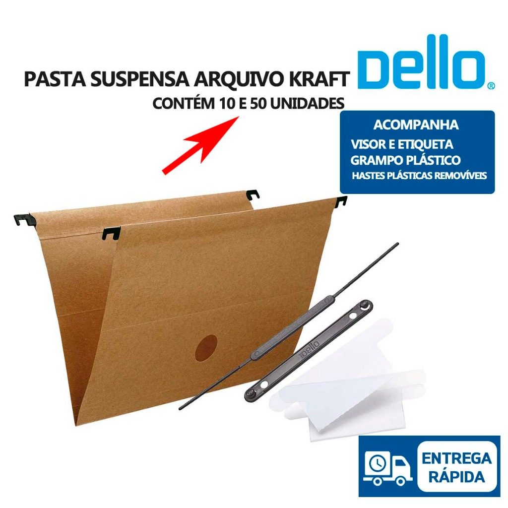 Pasta Suspensa Kraft Dello com Visor e Grampo – 10 ou 50 Unidades