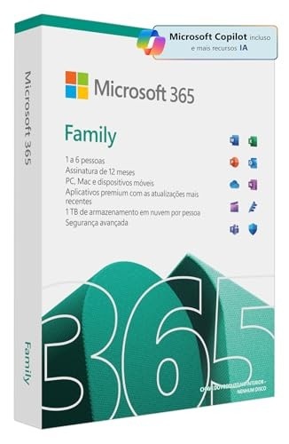 Microsoft 365 Family (12 meses) até 6 usuários. PC/Mac/Iphone/tablet. 1TB na nuvem por usuário