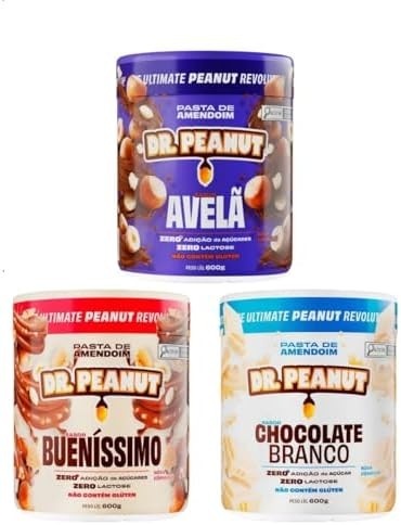 Kit 3x Pasta de Amendoim 600g Whey Protein - Dr Peanut AVELA-CHOCOLATE BRANCO-BUENISSIMO