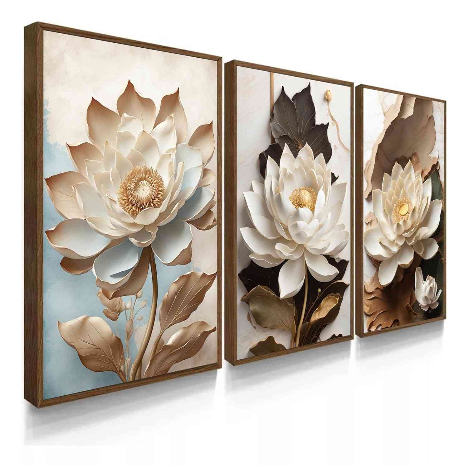Quadro Decorativo Flor Lótus Abstrato Café Moderno - Kit 3 Peças 90x50cm