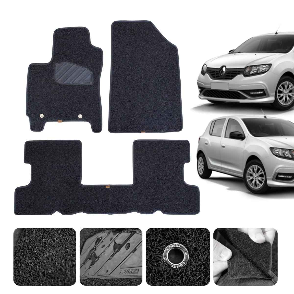 Tapete Emborrachado Luxo Lanzi para Renault Sandero (2008-2024) - Kit 3 Peças Original