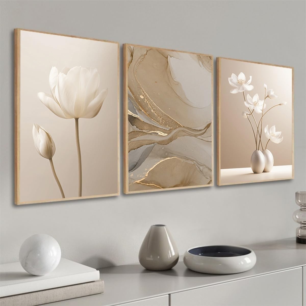 Quadro Decorativo Flores Abstrato Luxo - Kit com 3 Peças em Madeira 40x60cm | Decoração Elegante para Sala e Quarto