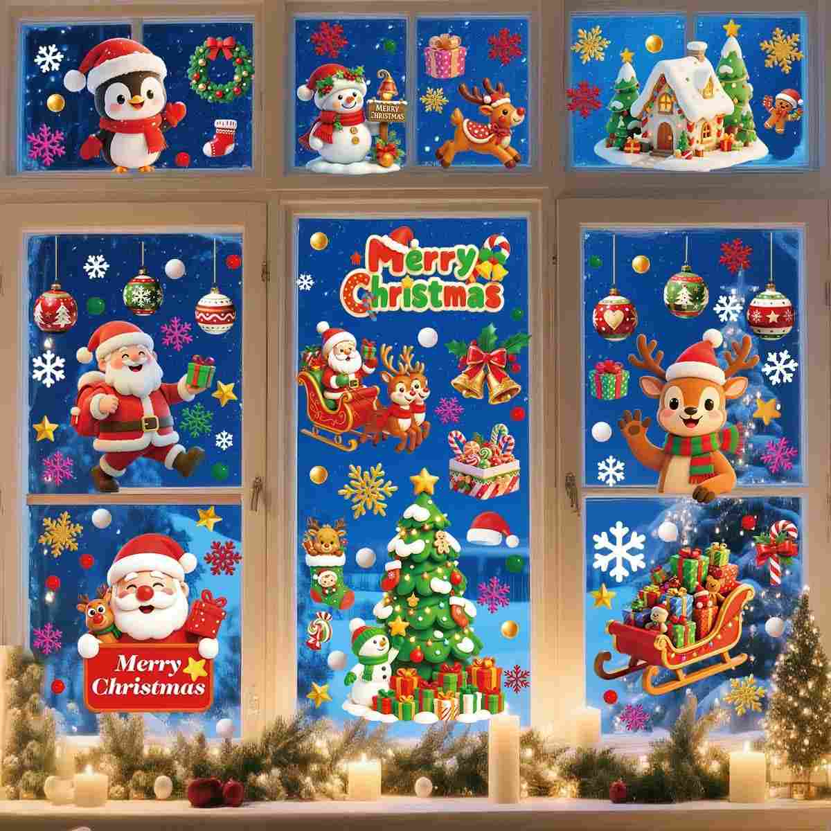 Adesivos de Natal para Janela - 9 Peças PVC Dupla Face Reutilizáveis