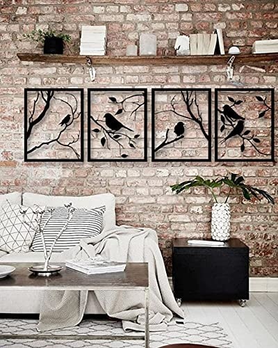 Quadro Decorativo 4 Peças Pássaros Vazado em MDF 3mm Preto - Design Moderno Quadríptico