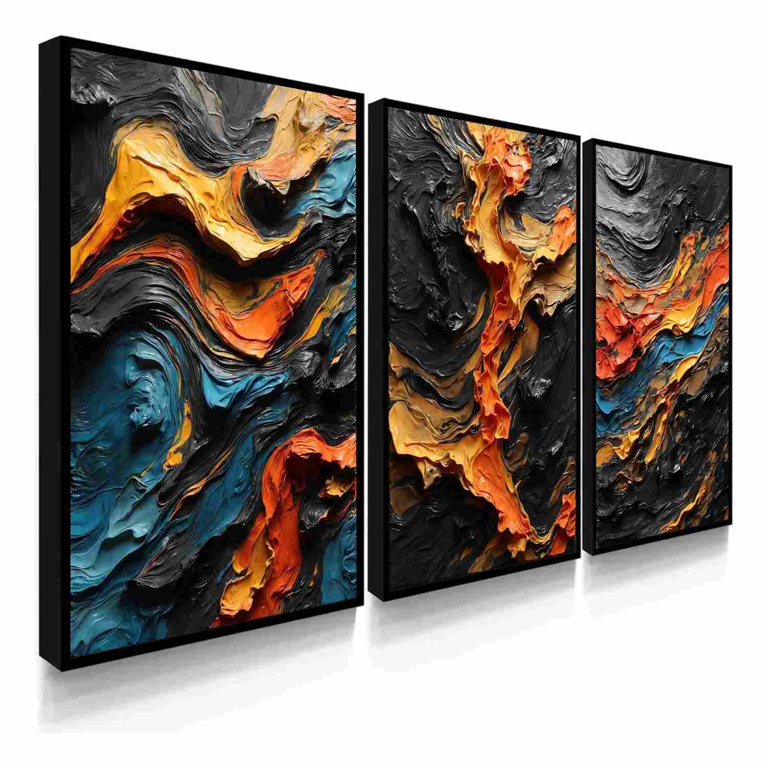 Quadro Decorativo Pintura Abstrata Black - Kit 3 Peças 60x40cm para Sala e Quarto