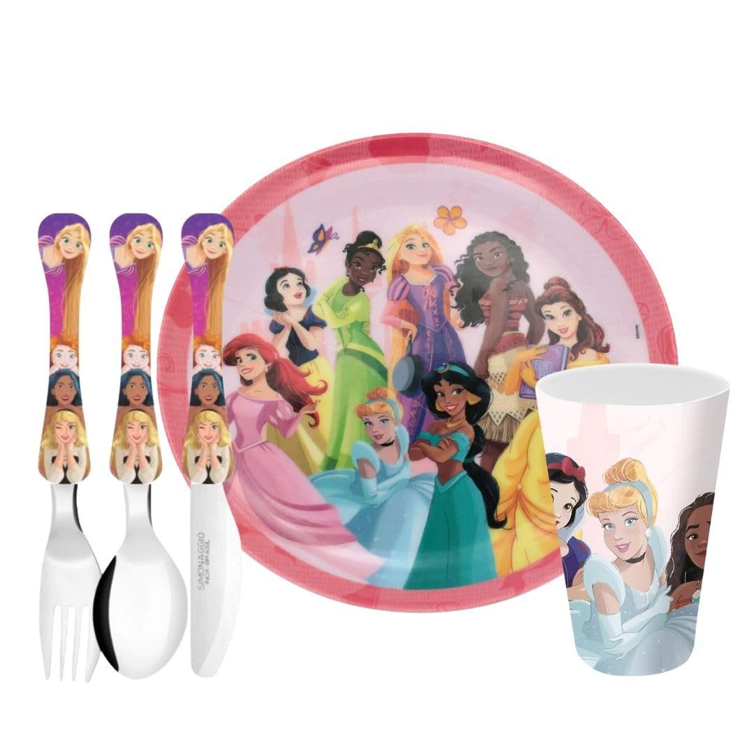 Jogo Refeição Infantil Princesas Disney 5 Peças - Yangzi | Kit Completo com Prato, Copo e Talheres