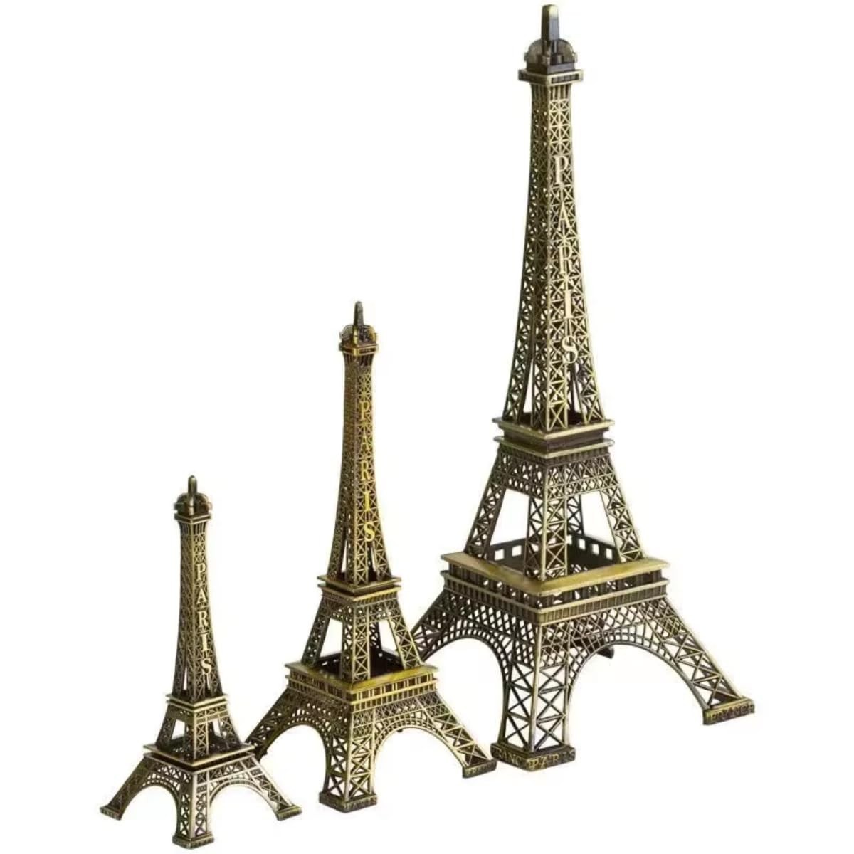 Torre Eiffel Decorativa em Metal - Conjunto com 4 Peças em Bronze Vintage, 10-22cm, Ideal para Decoração Parisiense