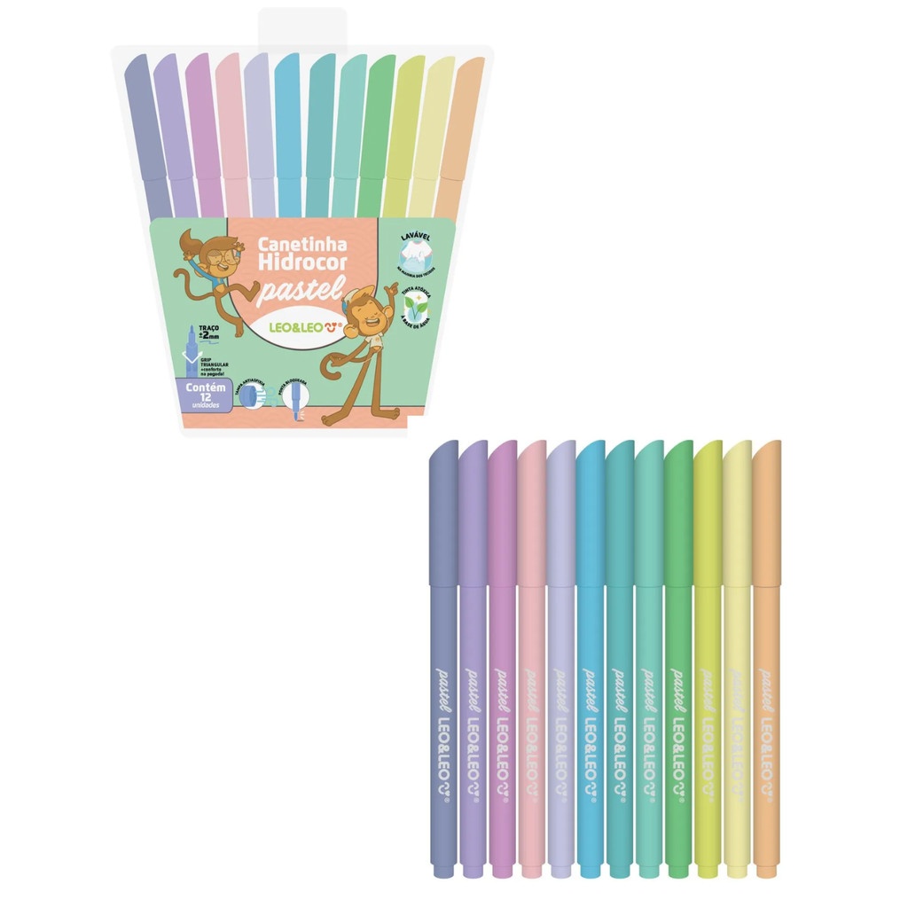 Caneta Hidrocor Leo&Leo 12 Cores – Tons Pastel e Pele