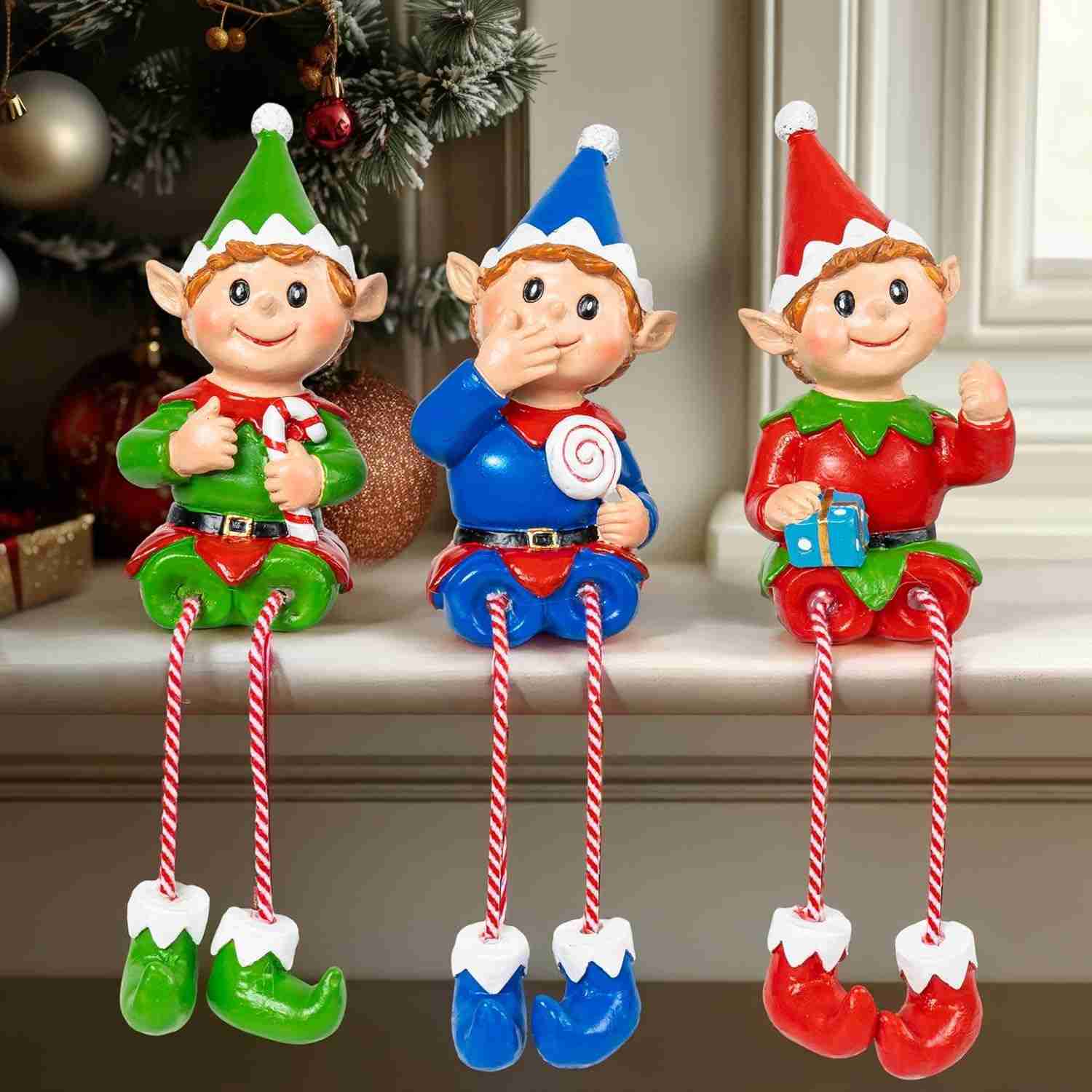 Conjunto de 3 Estatuetas de Elfo de Natal com Pernas Penduradas - Decoração Encantadora em Resina
