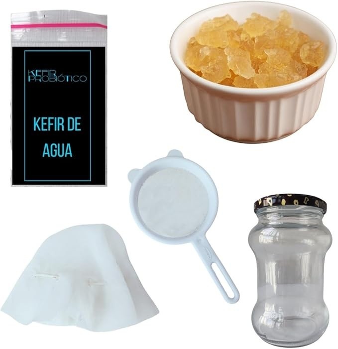 Kit Kefir de Água Vivo com Frasco de Vidro 500ml, Tampa Voal e Peneira