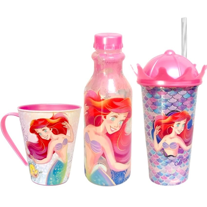 Coleção Pequena Sereia Infantil - Caneca, Copo Shake e Garrafa Princesa Ariel