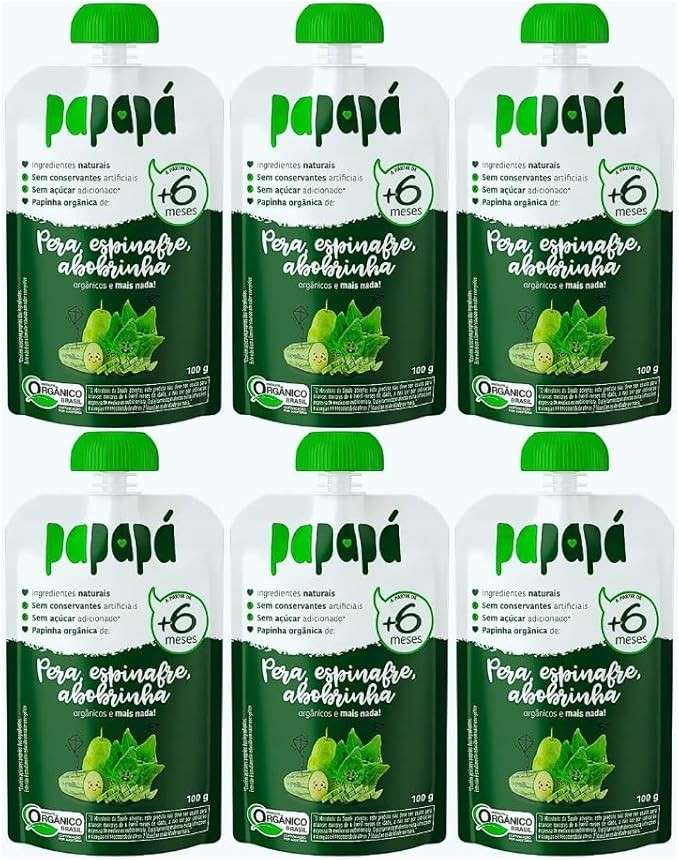 Kit com 6 Pouchs de Papinha Orgânica de Pera, Espinafre e Abobrinha de 100g cada - Papapá