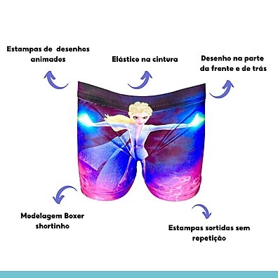 Kit 5 Calcininhas Boxer Infantil com Princesas e Personagens