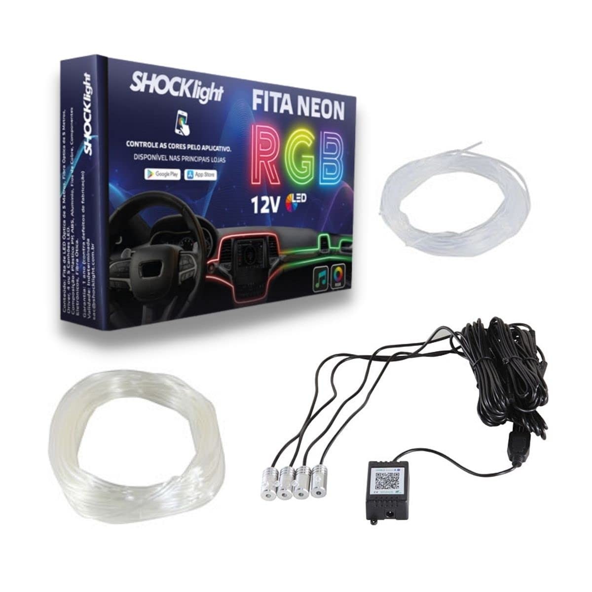 Fita Led Neon RGB Automotiva Shocklight SL-FTRGB4: Iluminação Interna Personalizada com App 6m