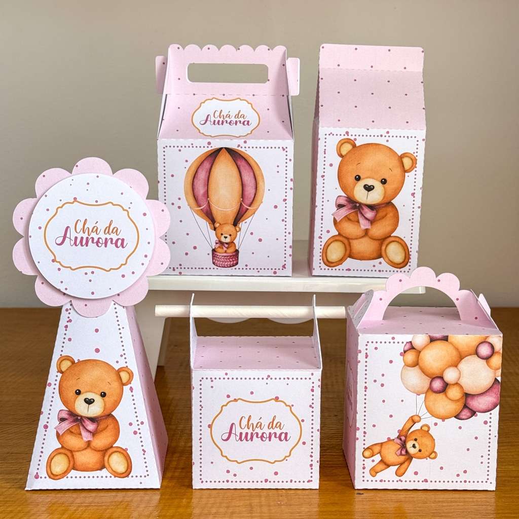 KIT Chá de Bebê Ursinho Rosa/Lilás - Caixinhas Personalizadas