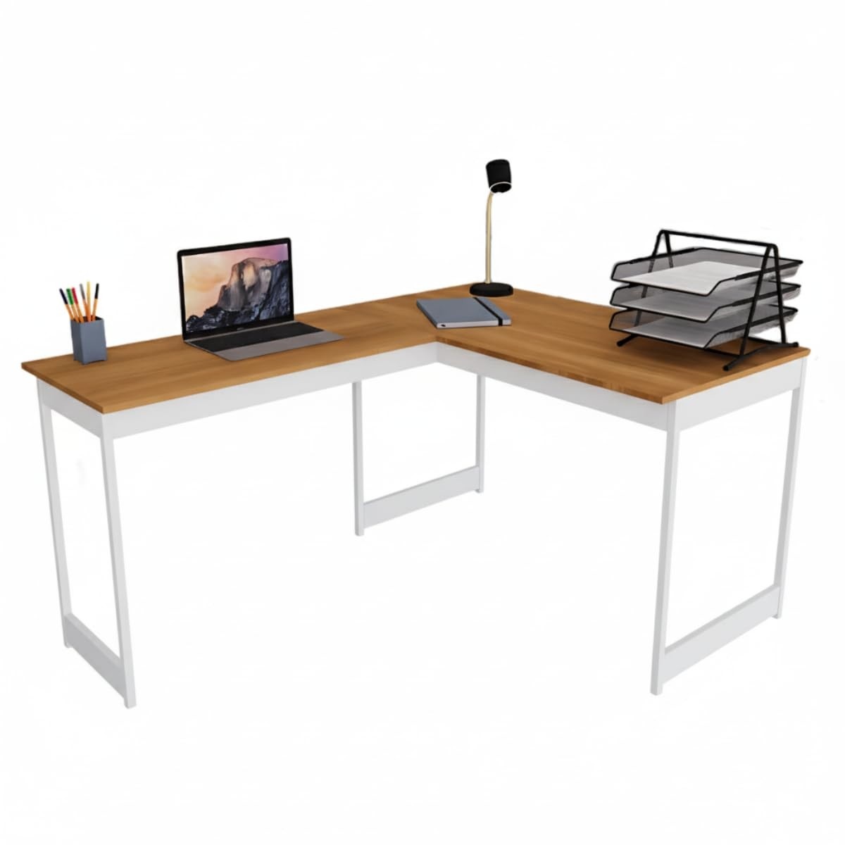 Mesa em L Estilo Industrial Nogal com Pés Brancos - Escrivaninha de Canto para Escritório e Estudo