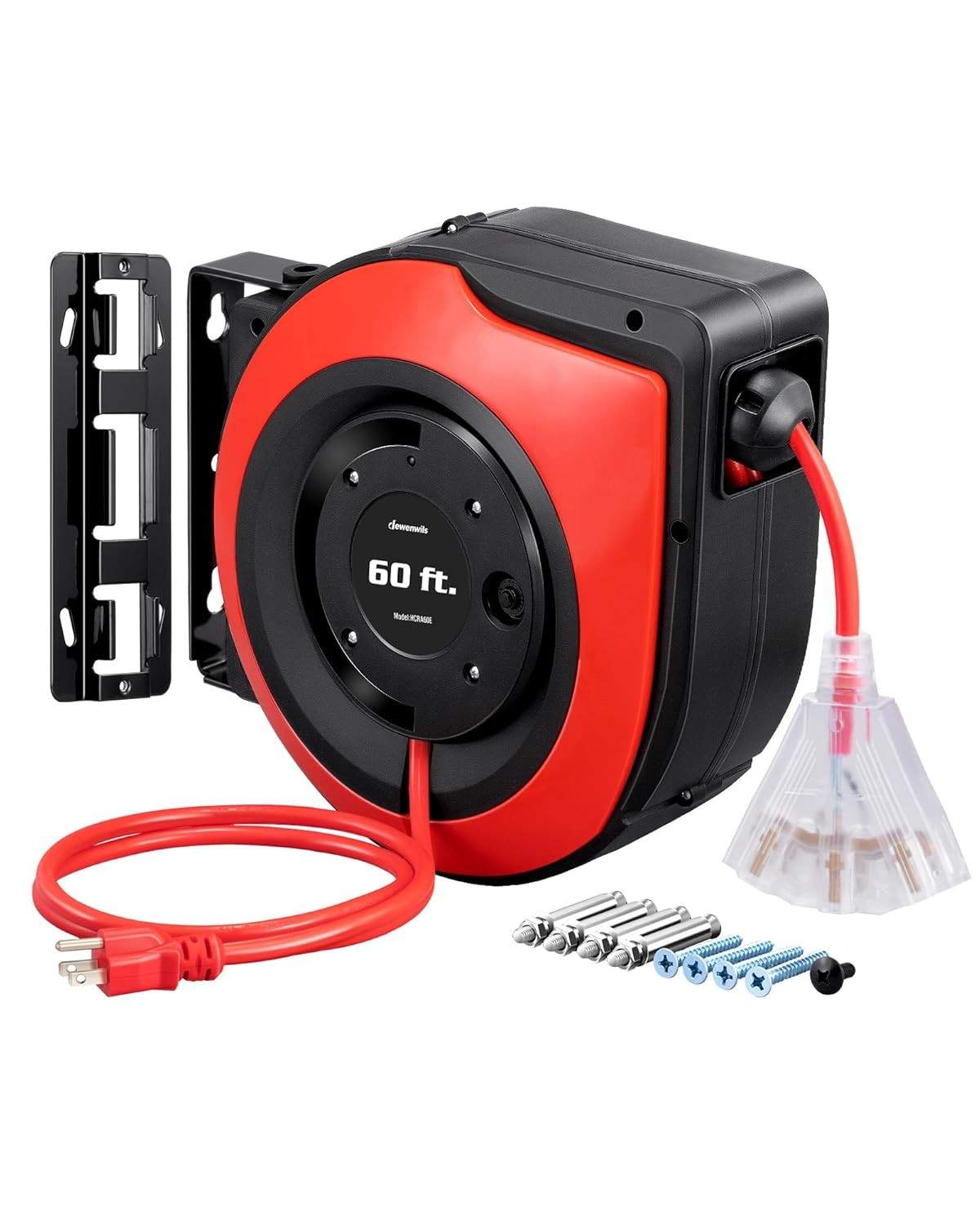 Carretel de Extensão Retrátil DEWENWILS 60 Pés - Serviço Pesado 12AWG/3C SJTOW com 3 Tomadas Iluminadas e Disjuntor 15A