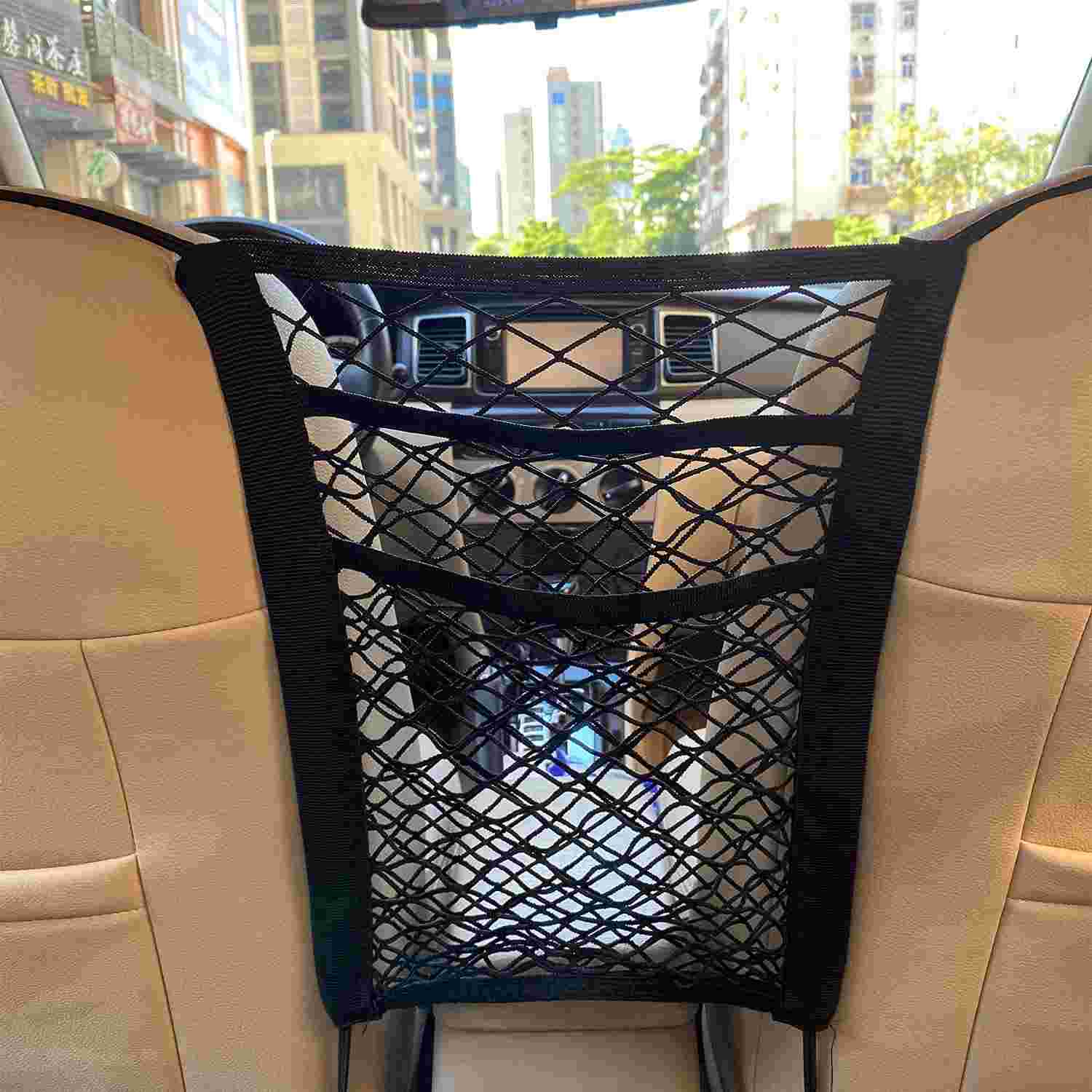 Organizador de Carro 3 Camadas: Barreira Pet/Criança e Porta-Bolsas Essencial