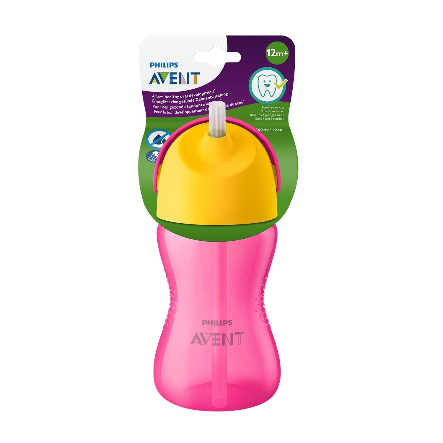 Copo com Canudo Philips Avent 300ml Rosa/Amarelo - Seguro, Antivazamento e Ideal para Bebês a Partir de 12 Meses
