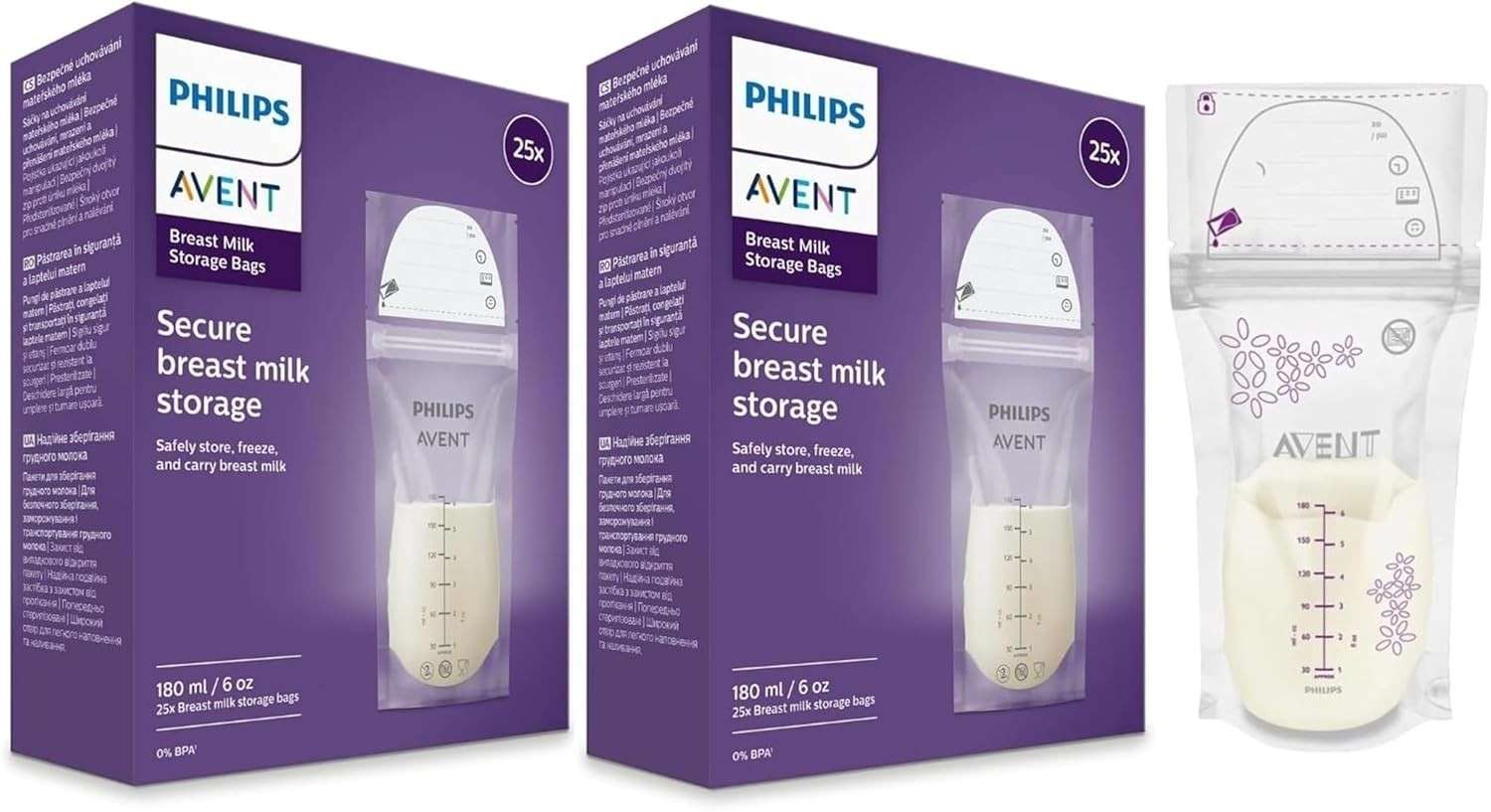 Sacos de Armazenamento de Leite Materno Philips Avent - 50 Unidades 180ml | Seguros, Estéril e Livre de BPA