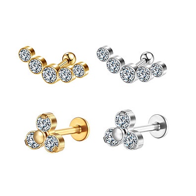 Piercing Aço Cirúrgico PVD Strass: Kit 2 Unidades