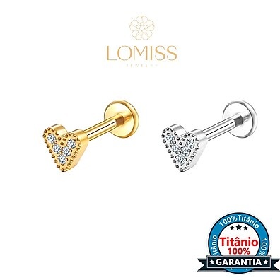 Piercing Labret Titânio PVD Coração Zircônia
