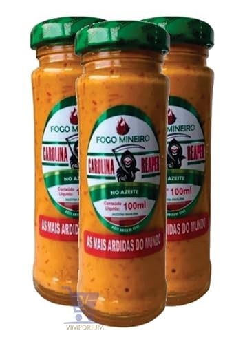 Kit 3 Vidros de Pimenta Macerada Fogo Mineiro 100ml - Escolha sua Pimenta Favorita | Pimenta de Qualidade, Temperos Especiais para Receitas e Aperitivos (3 Carolina Reaper no Azeite)