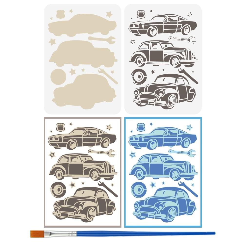 Estênceis de Carro Clássico em Camadas com Pincel - 29x20cm - FINGERINSPIRE