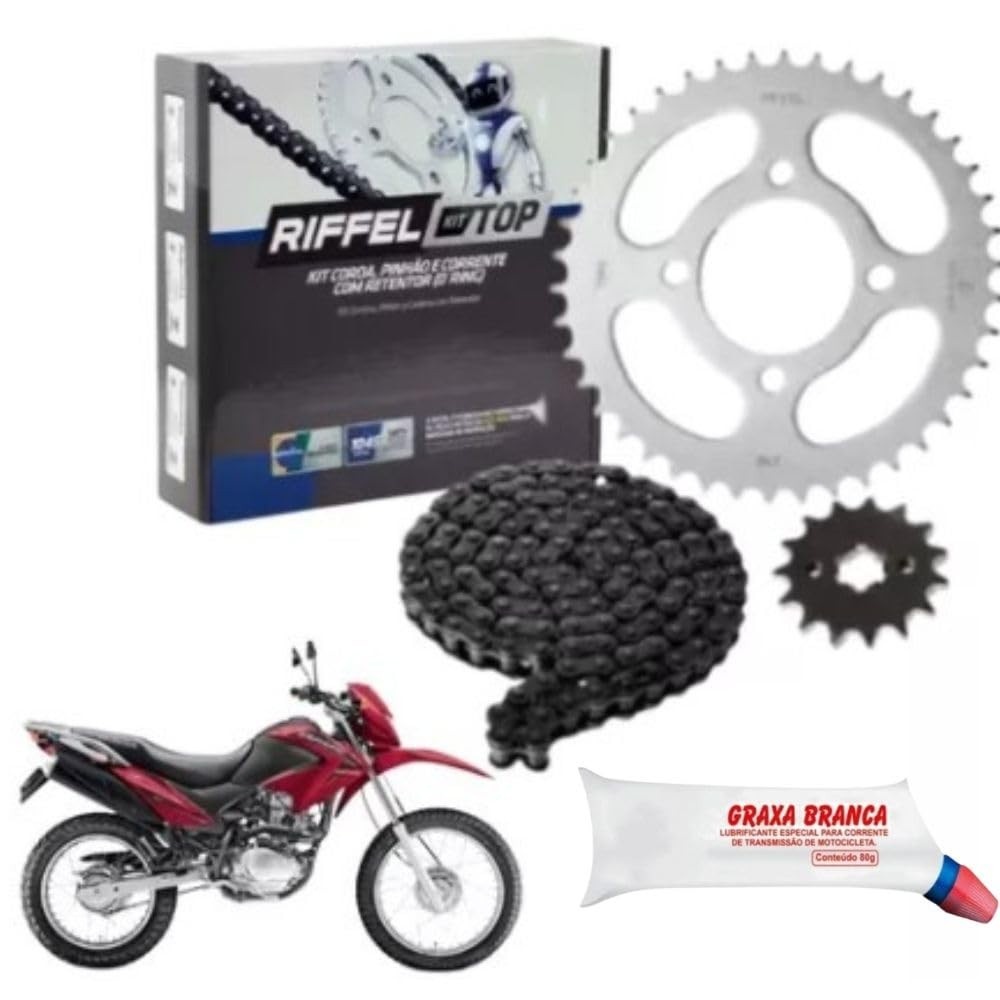 Combo Completo Relação Riffel para NXR 150 Bros (2006-2015): Corrente, Coroa, Pinhão e Graxa Original