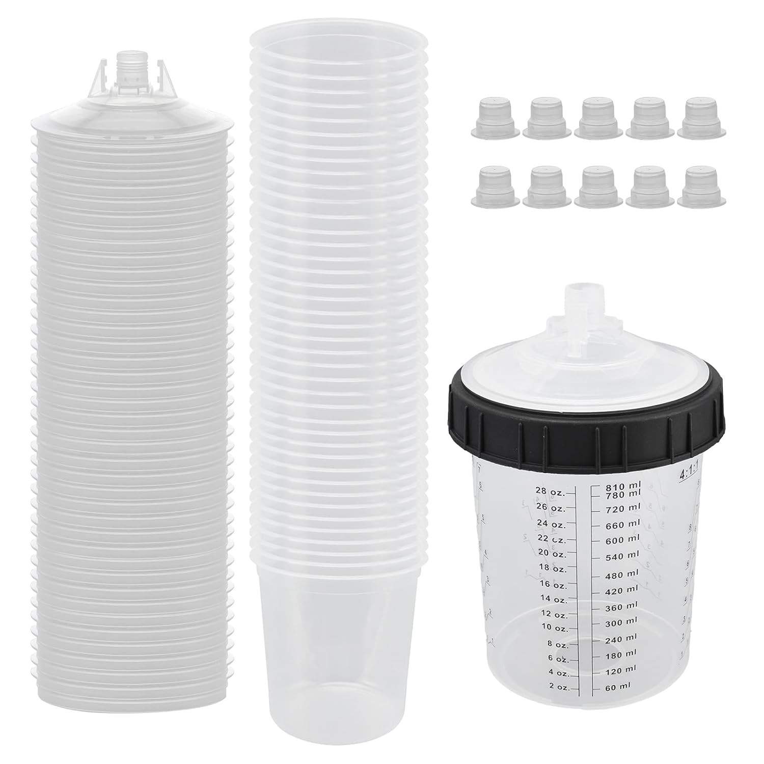 Mingzhe Kit de Forros e Tampas para Copos de Pistola de Pintura, 40 Pacotes de Forros de Copos de Mistura de 28 Onças 40 Tampas Com Filtro 1 Copo Rígido Com Anel Retentor e (Kit de 92 unidades de 28