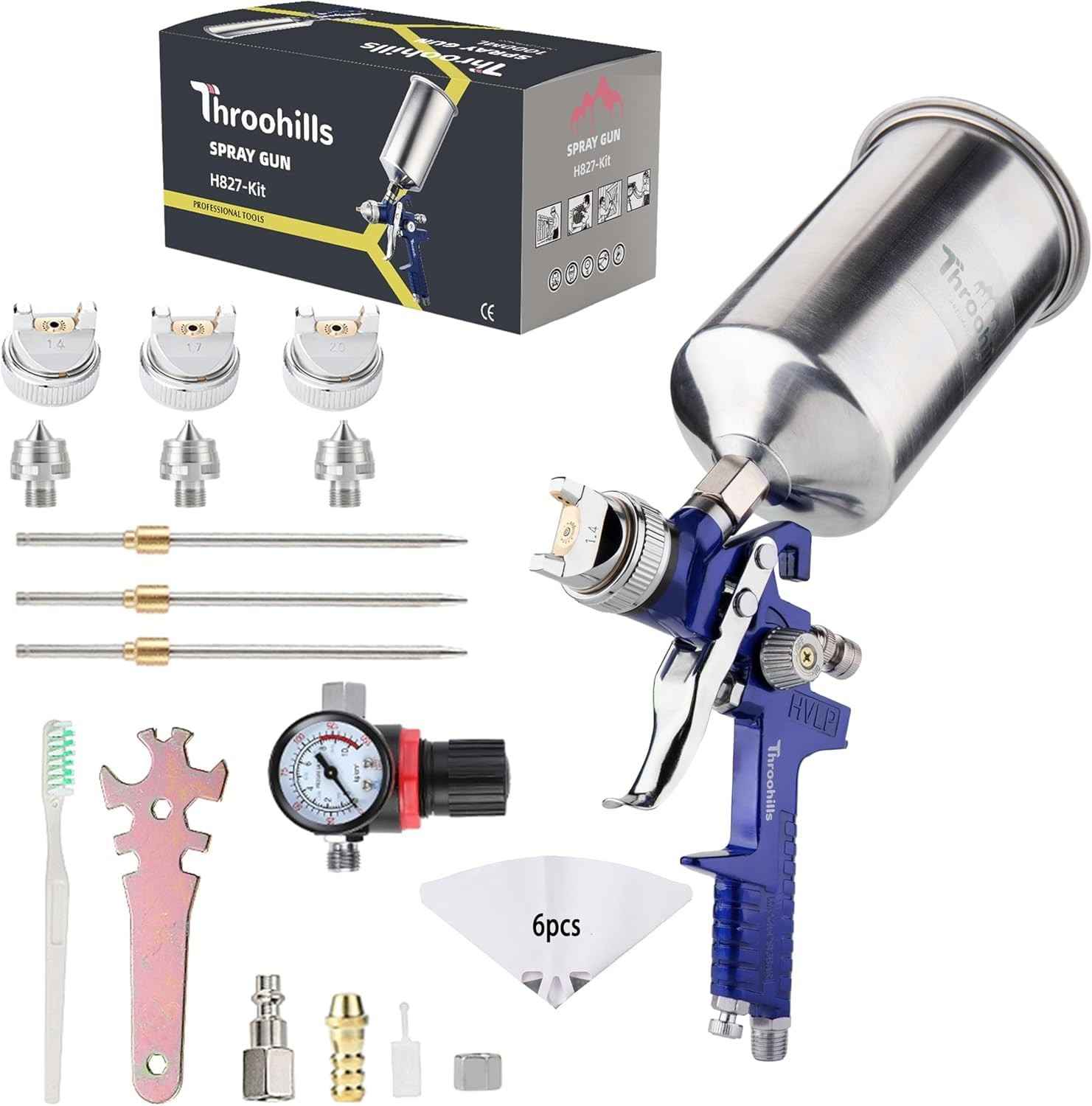 Throohills Kit Pistola de Pulverização HVLP Profissional - 3 Bicos + Copo 33 oz