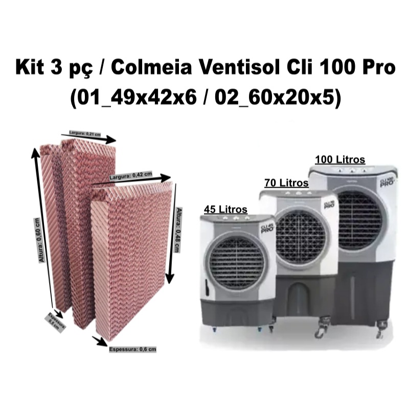 Placas Evaporativas Ventisol 45/70/100 Litros: Kit 3 Peças para Climatização Eficiente
