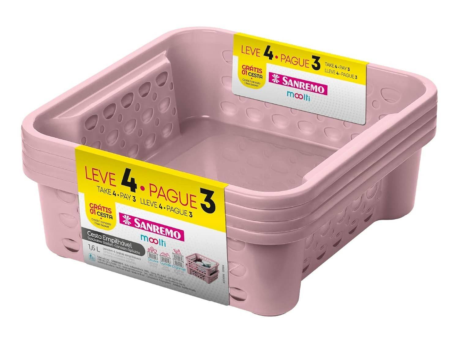 Sanremo Cesto Organizador Plástico 1,6L Empilhável - Moolti 4 por 3
