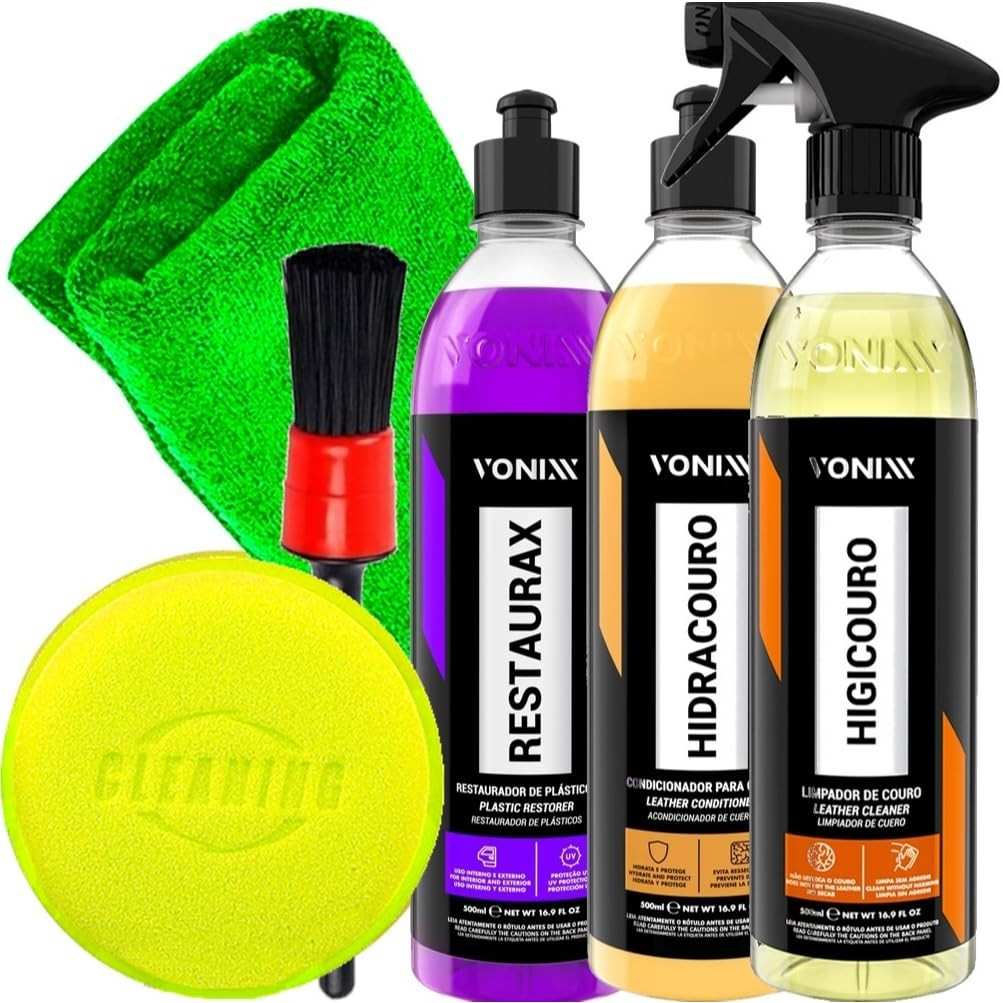 Kit Completo Vonixx: Limpeza e Renovação para Couro e Plásticos (Restaurax, Hidracouro, Higicouro) + Acessórios Karbox