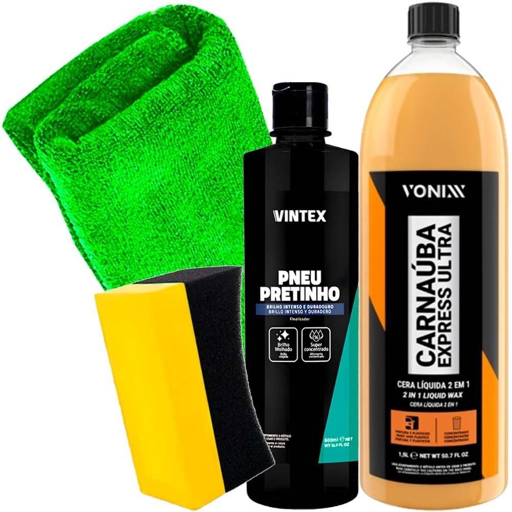 Kit Essencial para Brilho Perfeito: Pneu Pretinho Vintex, Carnaúba Express Vonixx e Acessórios Karbox