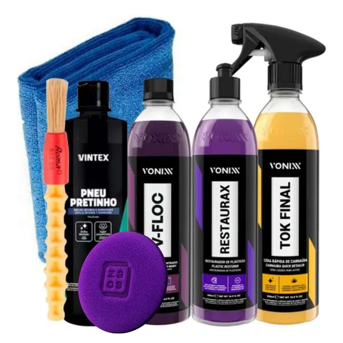 Kit Completo Vonixx: Shampoo V-Floc, Tok Final, Restaurax e Pretinho para Pneus - Limpeza Profissional!