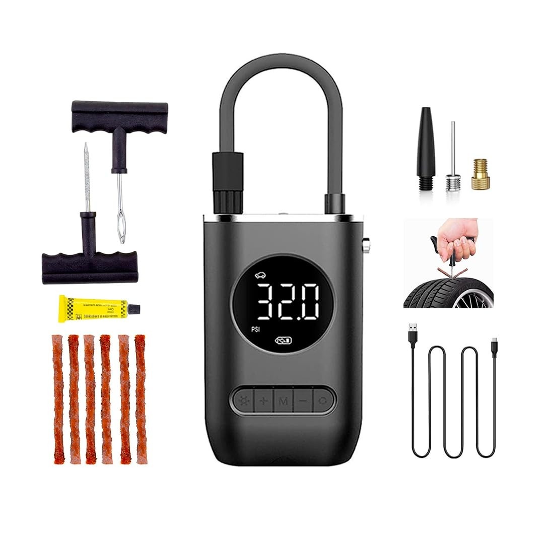 Mini Compressor Portátil: Encha Pneus com Facilidade e Segurança + Kit Reparo Essencial